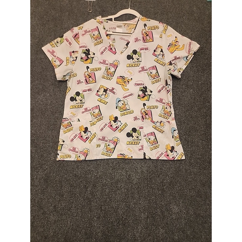 Disney Scrub Top Large Mickey Minnie Donald Daisy Comic Pop Art Print Nurse